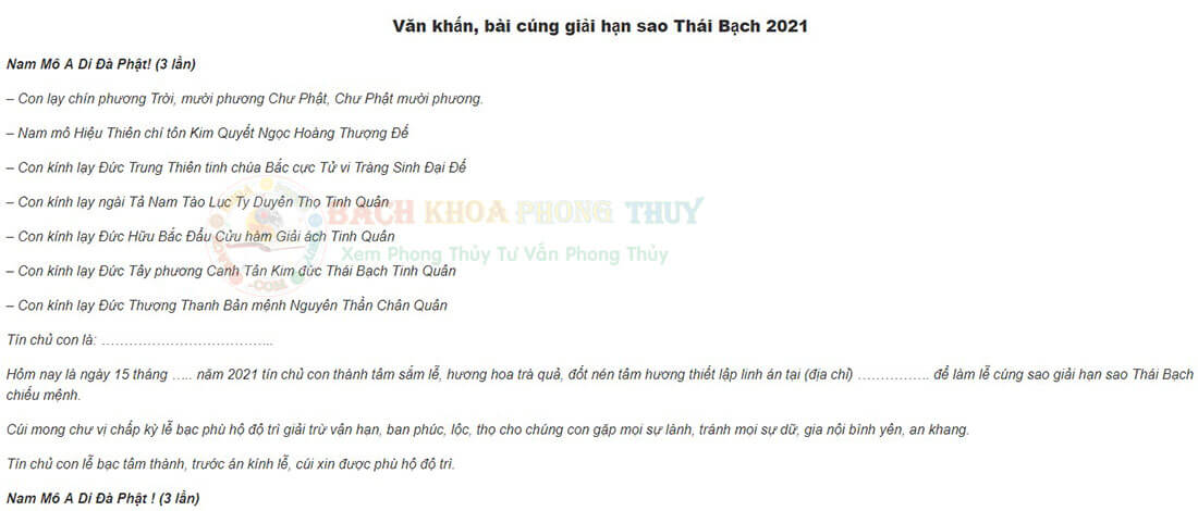 Văn khấn, bài cúng giải hạn sao Thái Bạch 2021
